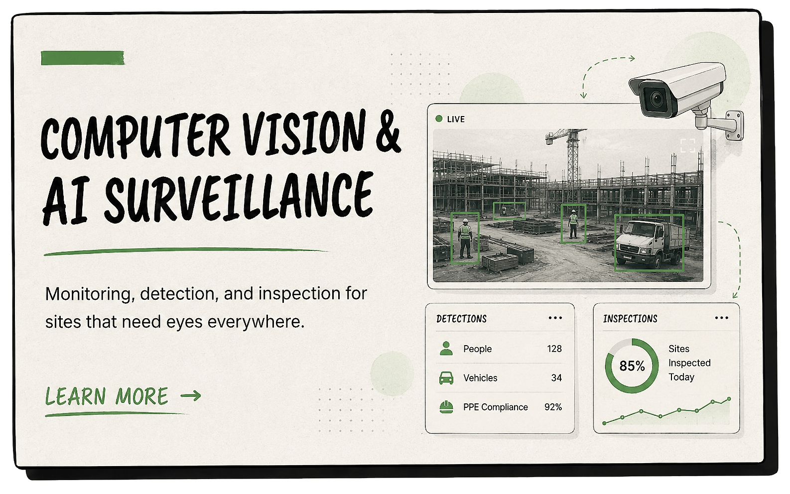 Computer Vision & AI Surveillance - Monitoring, detection, and inspection for sites that need eyes everywhere.
